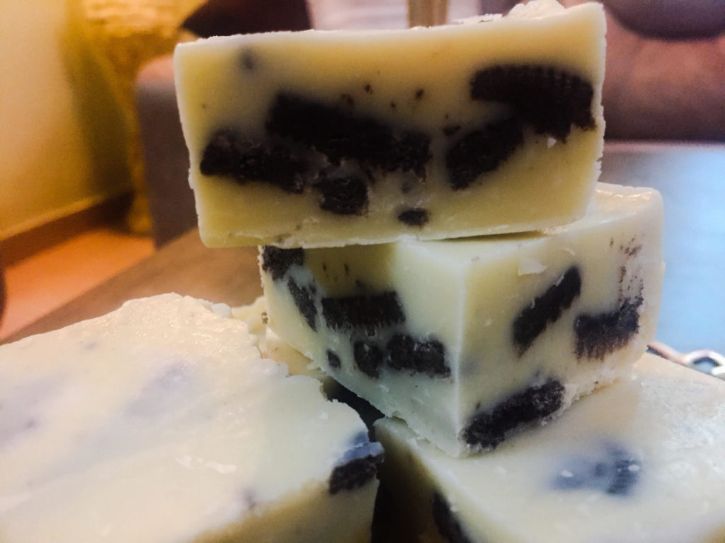 Squares of Oreo white chocolate fudge