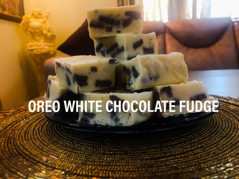 Stacked squares of Oreo white chocolate fudge
