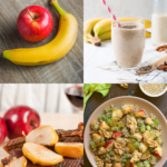 Collage of two recipe pictures and a fresh apple and banana, symbolizing natural ingredients.