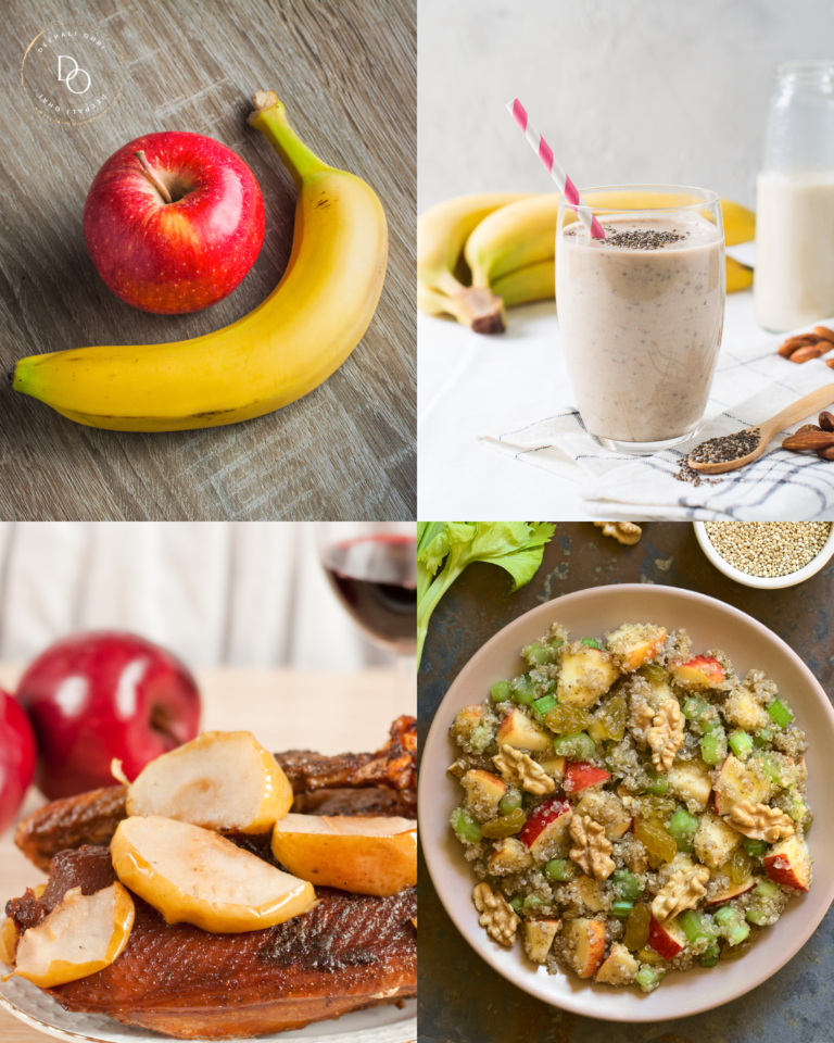 Starting the Week Right with Healthy Desserts Collage of two recipe pictures and a fresh apple and banana, symbolizing natural ingredients.