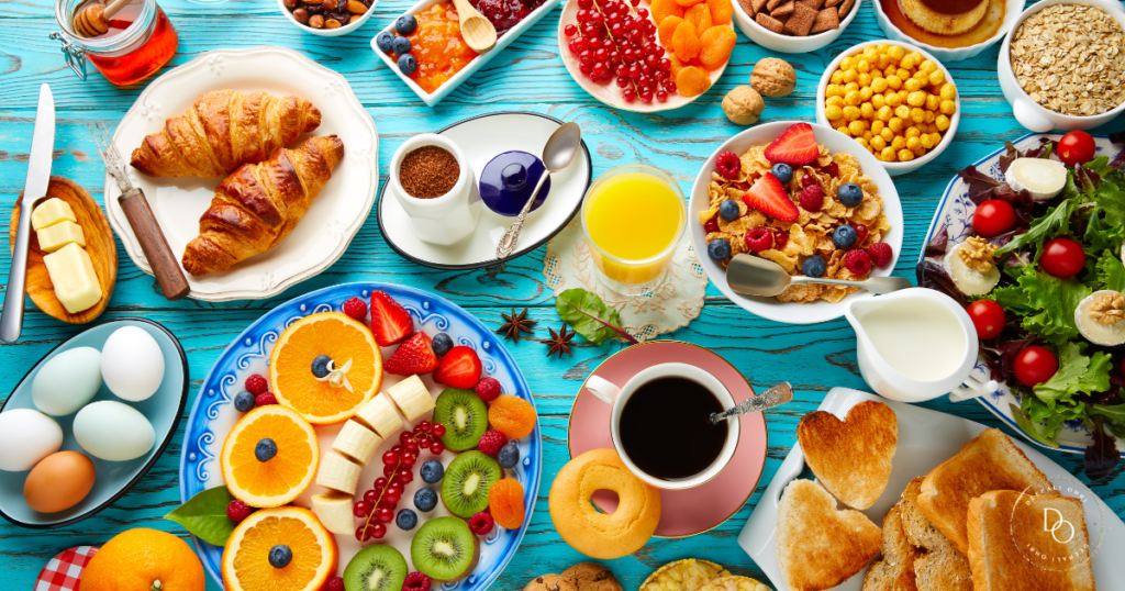 Healthy breakfast table with fruits, nuts, seeds.