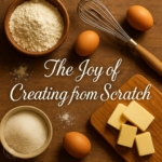 Rustic flat lay of baking ingredients including flour, eggs, butter, sugar, and a whisk on a wooden table, with the text "The Joy of Creating from Scratch" in elegant script.