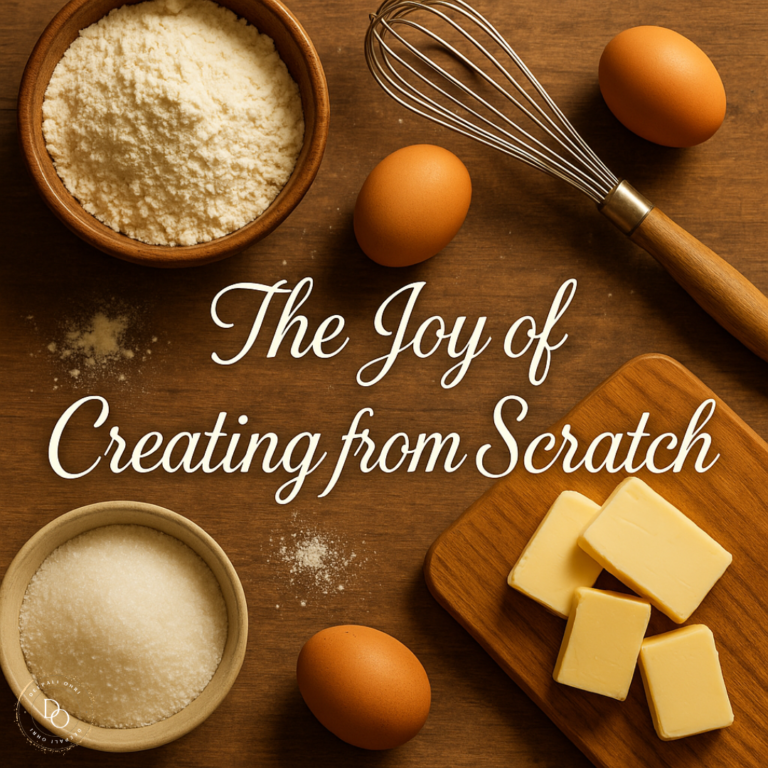 The Joy of Creating from Scratch ✨ Rustic flat lay of baking ingredients including flour, eggs, butter, sugar, and a whisk on a wooden table, with the text "The Joy of Creating from Scratch" in elegant script.