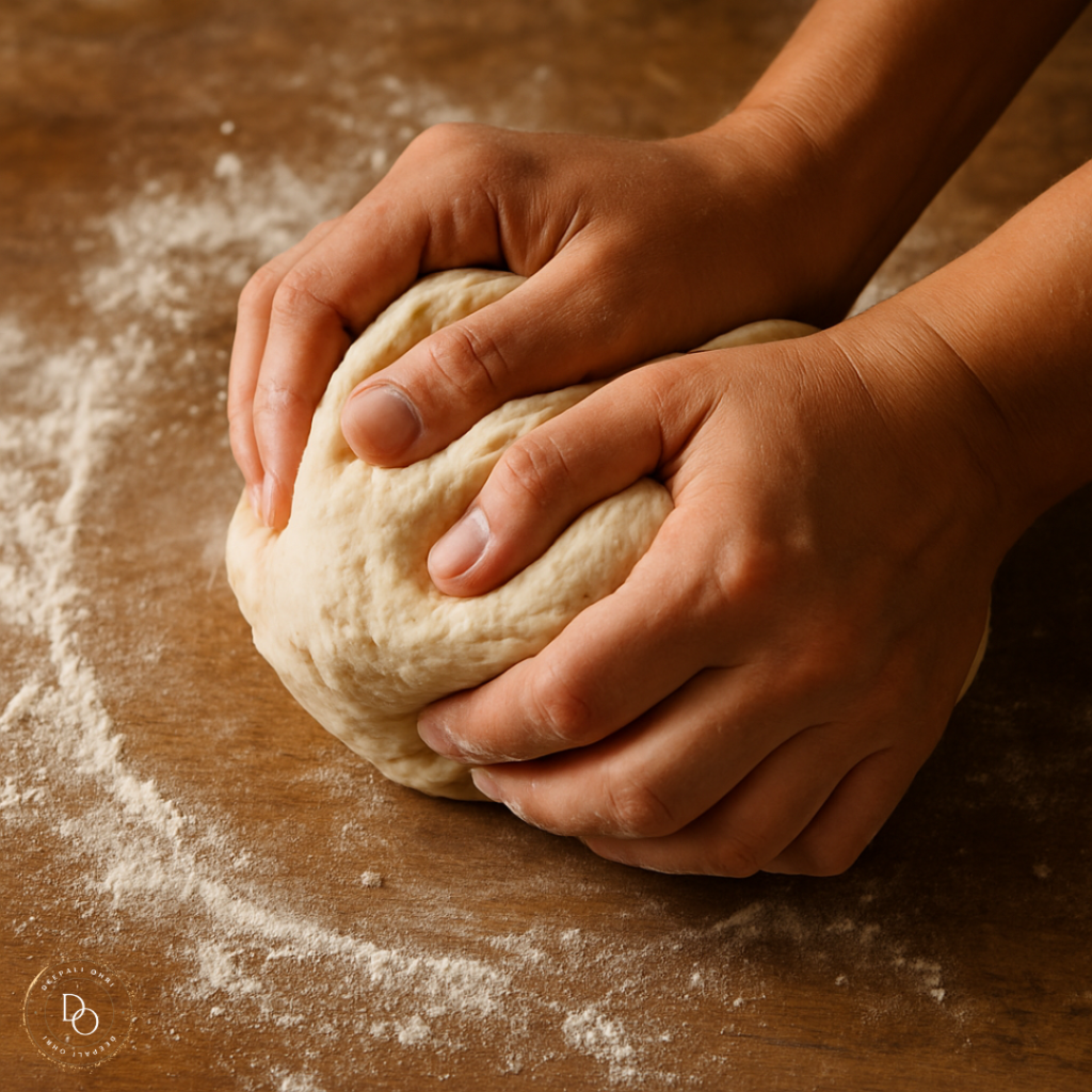 Close-up of hands kneading dough on a flour-dusted wooden surface, emphasizing texture and the artisanal process of baking.