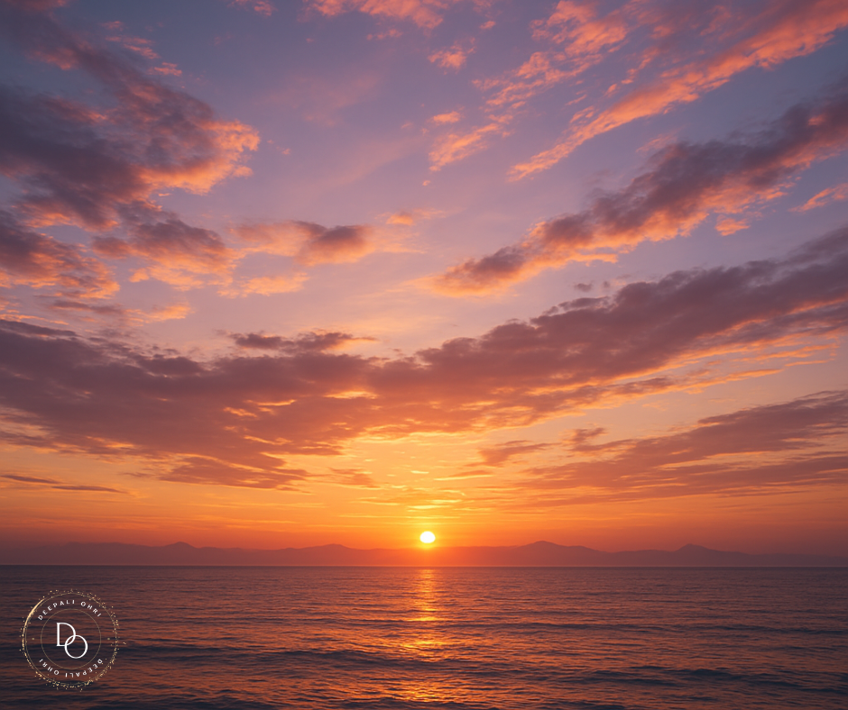 A glowing orange sun setting over a calm ocean, with pink and purple clouds stretching across the sky and distant mountains on the horizon.