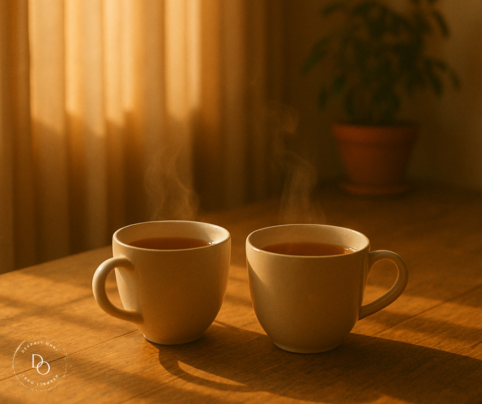 Two steaming cups of tea resting side by side on a wooden table bathed in warm, golden sunlight.
