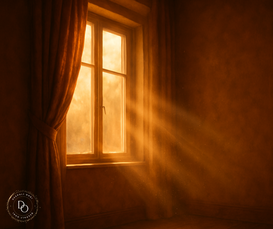 Warm, golden sunlight streaming through a curtained window into an empty room.