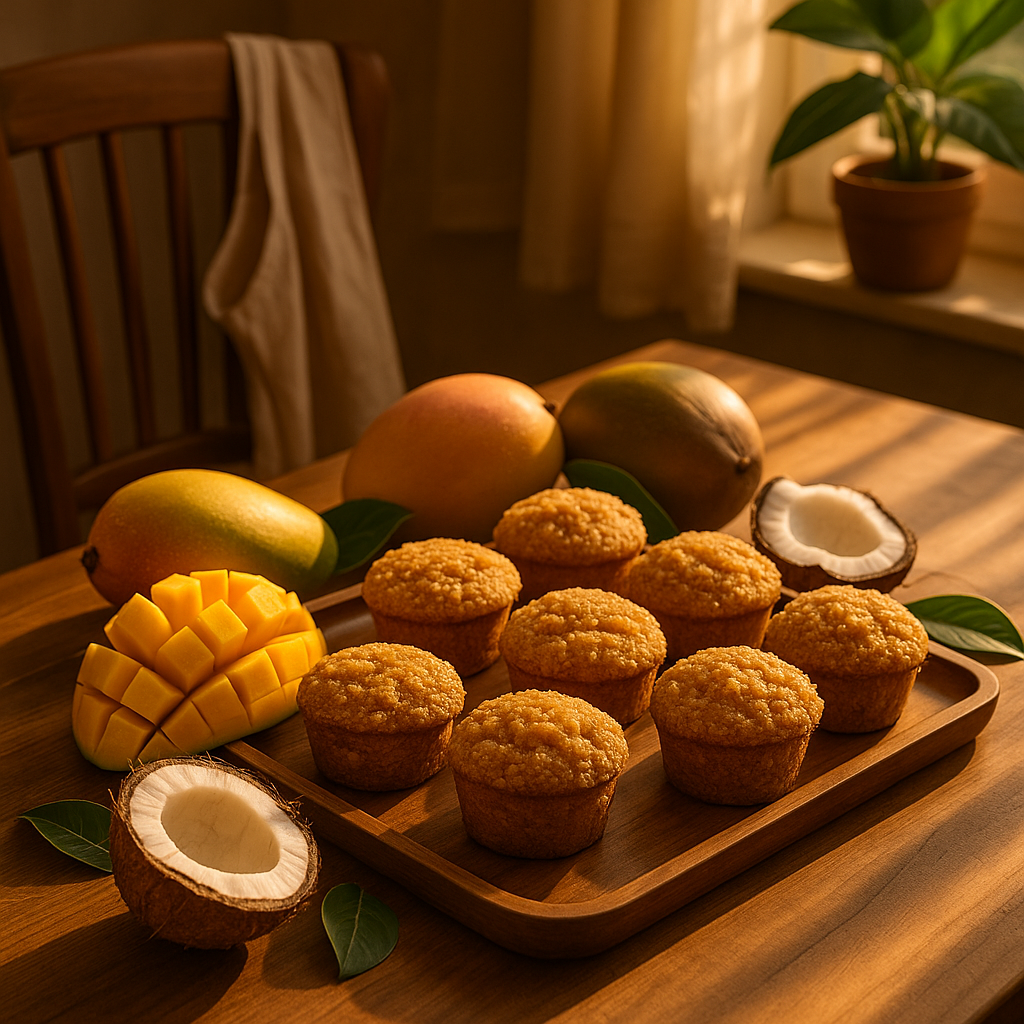 Freshly baked mango coconut muffins on a wooden tray, surrounded by ripe mangoes and halved coconuts, set on a wooden table with soft natural lighting.