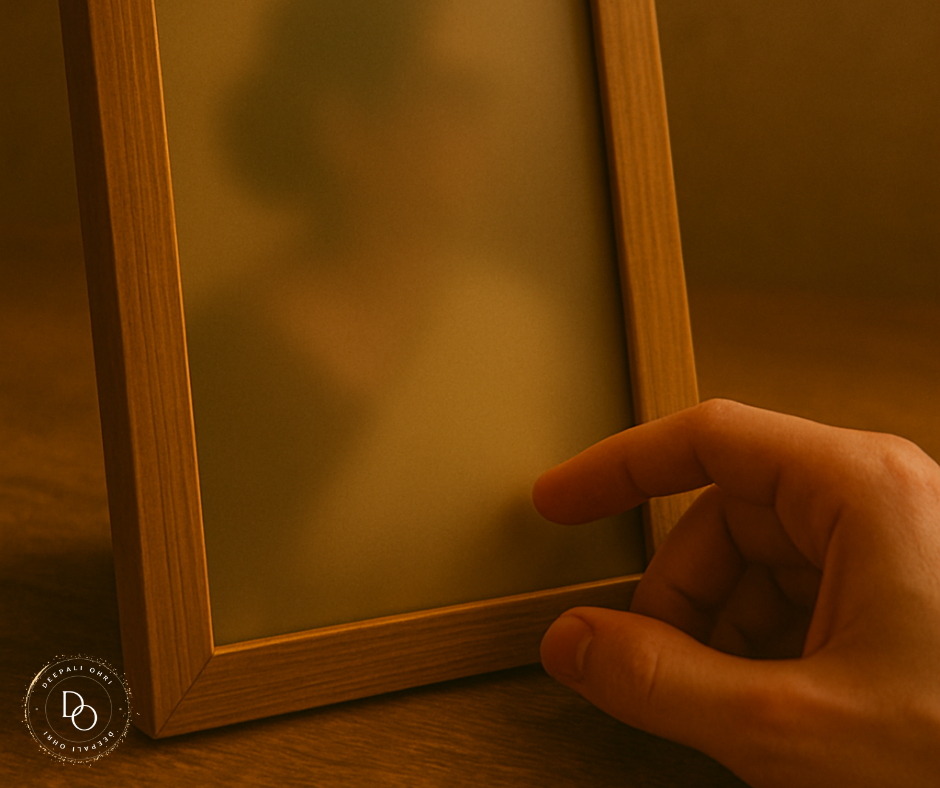 Close-up of a hand touching the corner of a wooden photo frame containing a heavily blurred portrait of a woman in a cream saree and spectacles.