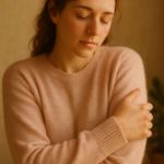 A slim, middle-aged woman with olive skin hugs herself gently while standing near a softly lit window, eyes closed and smiling peacefully in a beige sweater and jeans.