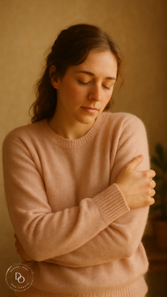 A slim, middle-aged woman with olive skin hugs herself gently while standing near a softly lit window, eyes closed and smiling peacefully in a beige sweater and jeans.