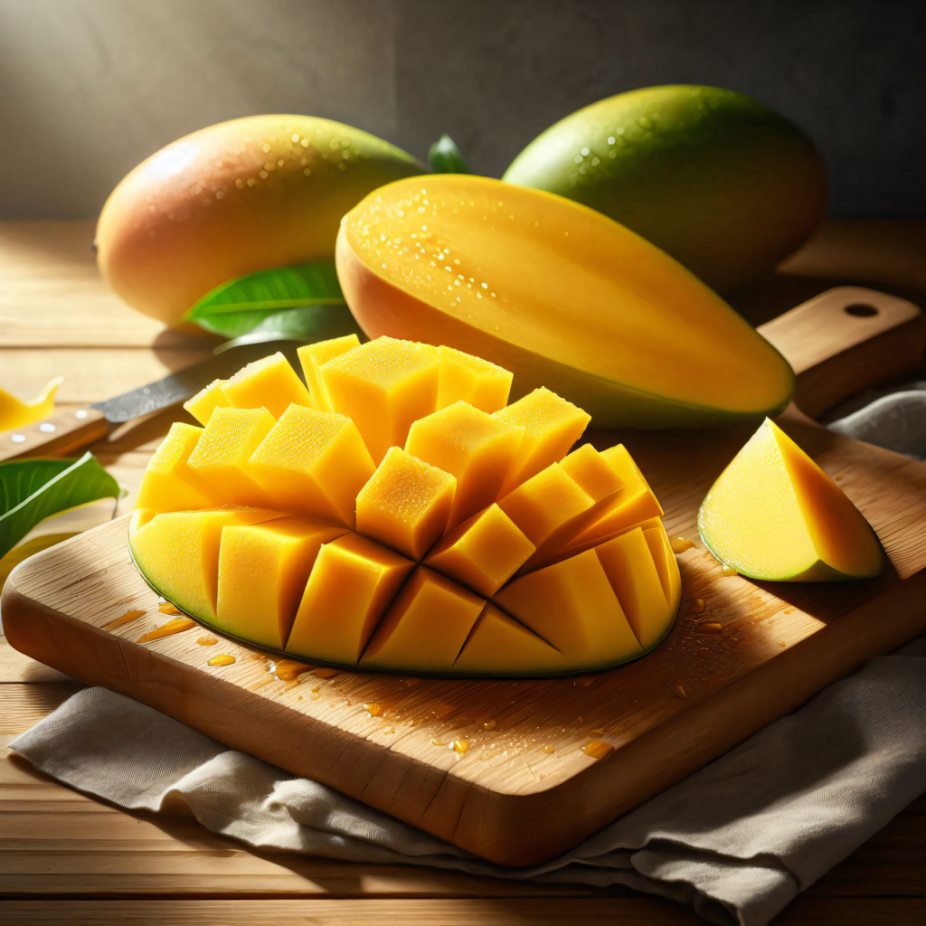 Fresh ripe mango sliced into cubes on a wooden cutting board, surrounded by whole and halved mangoes, with glistening juice drops and a kitchen knife nearby.