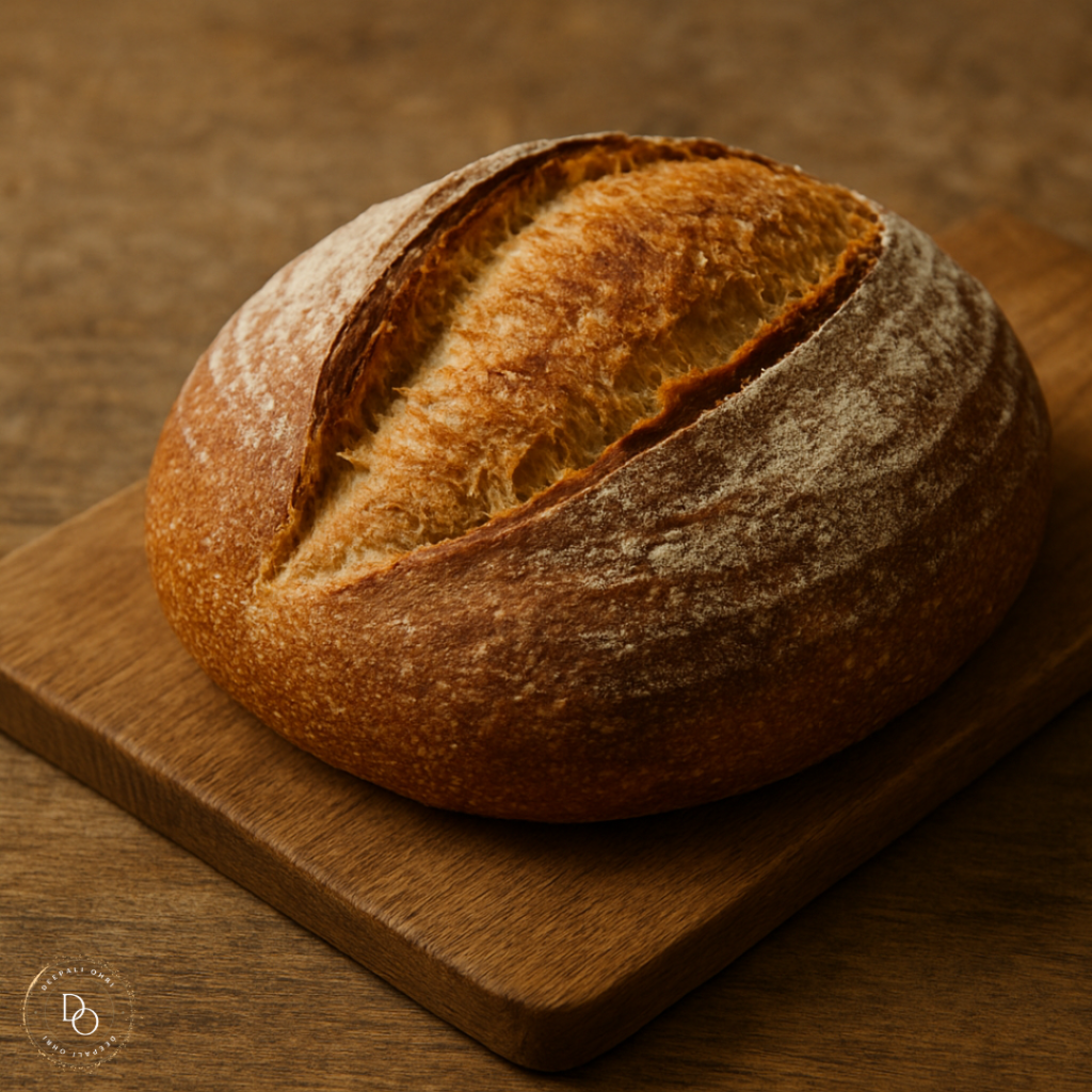 A freshly baked rustic sourdough loaf with golden-brown crust resting on a wooden cutting board, captured with soft, natural lighting against a wooden background.