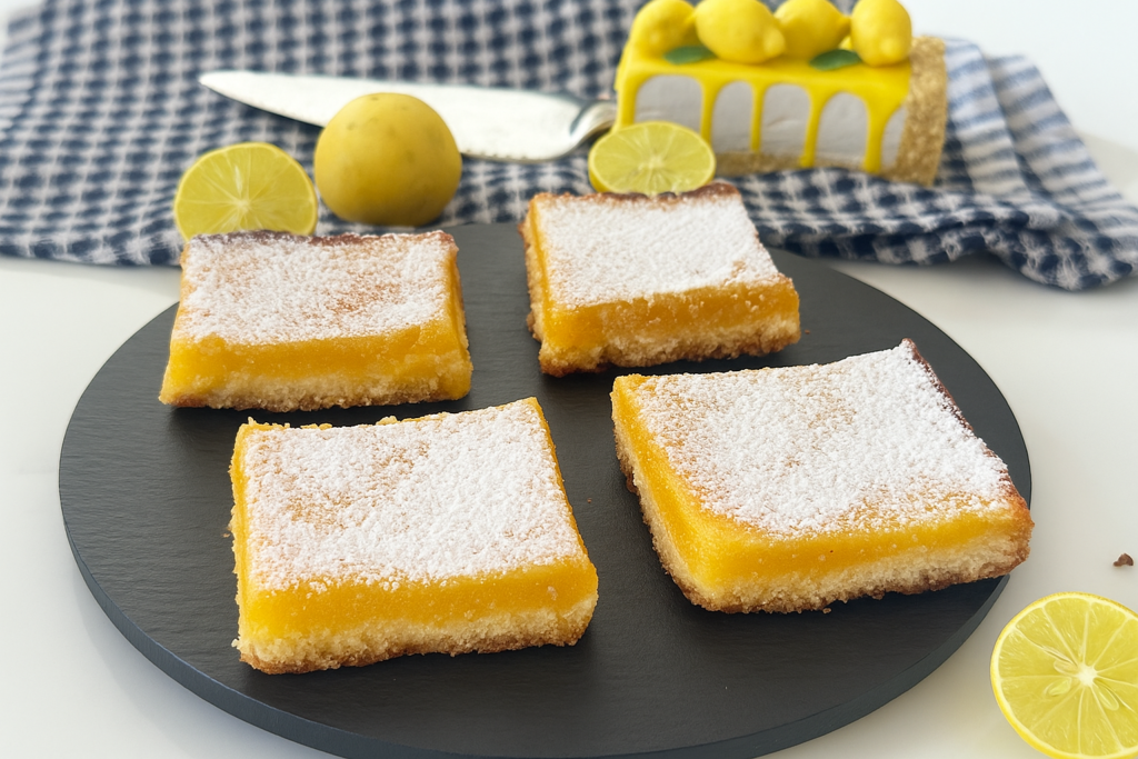 Four golden lemon bars dusted with powdered sugar, served on a black plate with fresh lemons and a decorative lemon cake roll in the background.