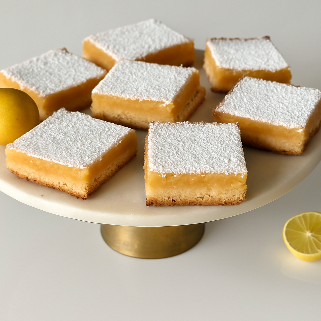 Freshly baked lemon bars with powdered sugar on a cake stand, surrounded by lemons.