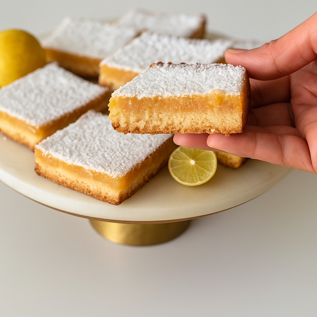 Hand holding a lemon bar with visible shortbread crust and creamy lemon filling, dusted with powdered sugar.