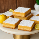 Freshly baked lemon bars with a dusting of powdered sugar, stacked on a white marble cake stand with lemon slices.