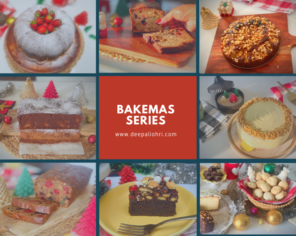 Bakemas series collage featuring festive homemade cakes, fruit cakes, brownies, and Christmas desserts from past years.