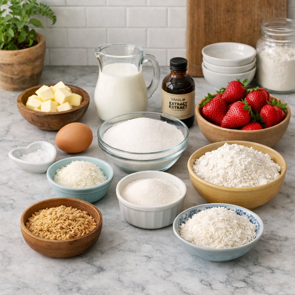 Ingredients for strawberry streusel cake including fresh strawberries, flour, sugar, butter, egg, milk, vanilla, and crumble toppings on a kitchen counter.