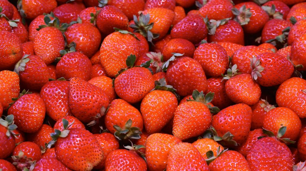 Fresh ripe red strawberries piled together with green tops, used for making strawberry streusel cake.