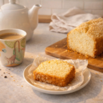 Eggless coconut butter cake loaf and slice served with chai tea on kitchen counter