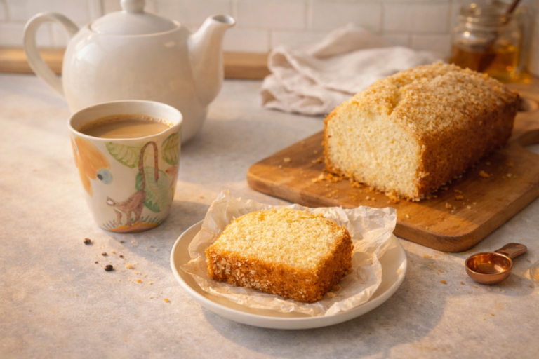 Eggless coconut butter cake loaf and slice served with chai tea on kitchen counter