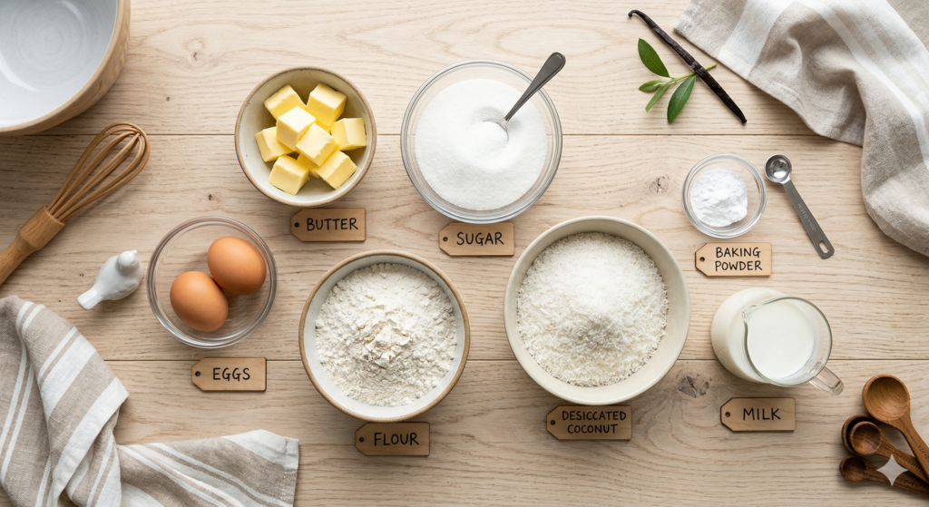 Overhead flat lay of labeled baking ingredients including butter, sugar, eggs, flour, desiccated coconut, baking powder, and milk arranged on a wooden surface with kitchen tools.