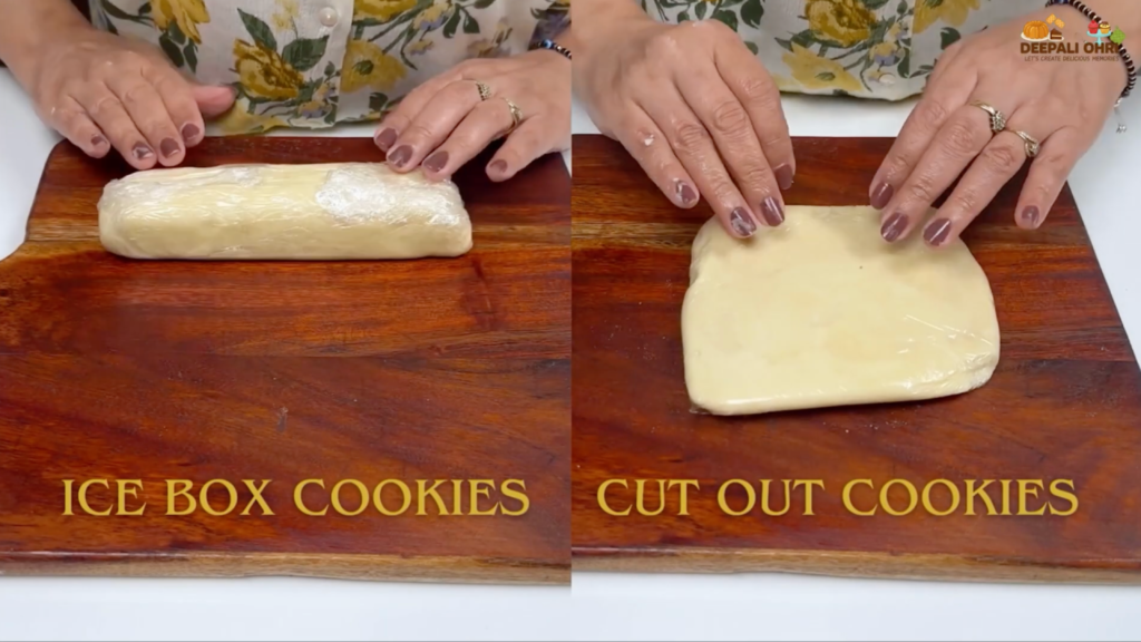 Two ways to shape butter cookie dough: icebox cookie dough rolled in cling wrap on the left and cut out cookie dough flattened in cling wrap on the right