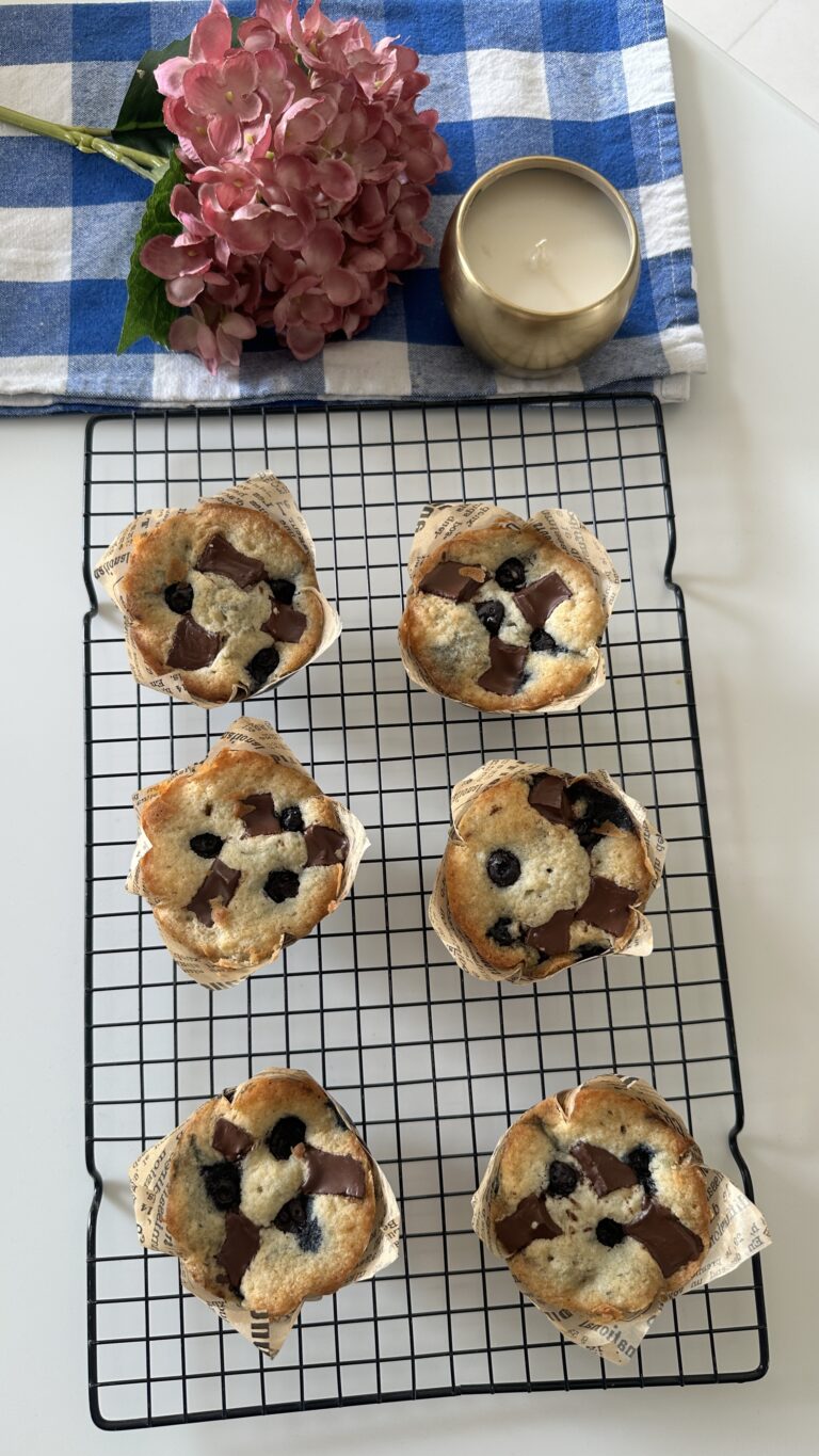 Blueberry Chocolate Muffins on a wire cooling rack with hydrangea flowers by Deepali Ohri
