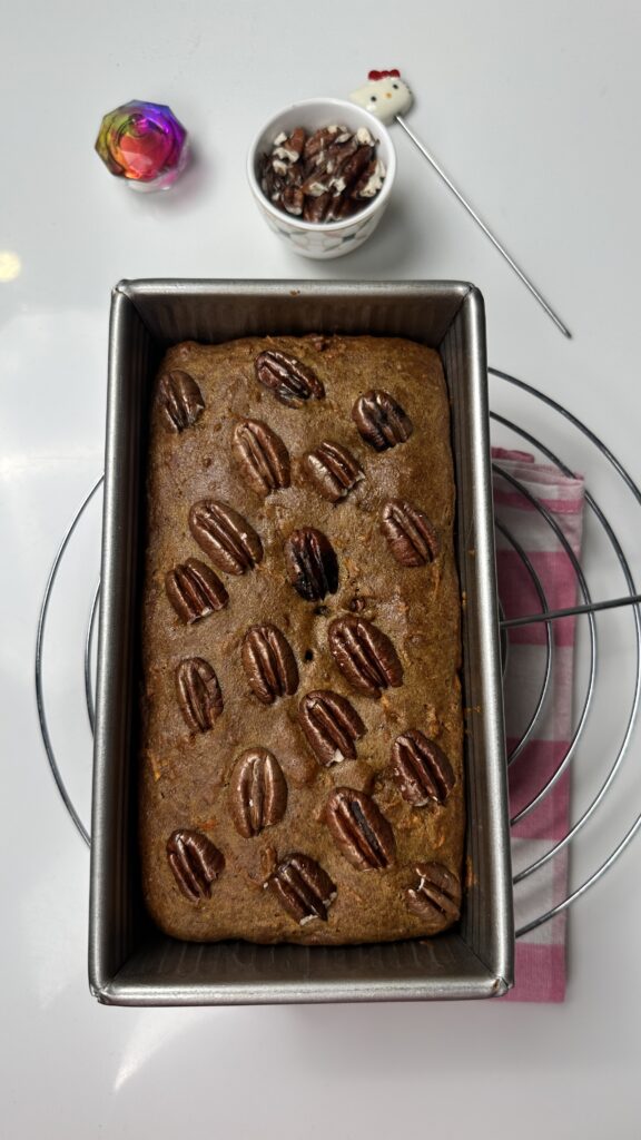 Just-baked Eggless Date & Carrot Cake in a loaf pan