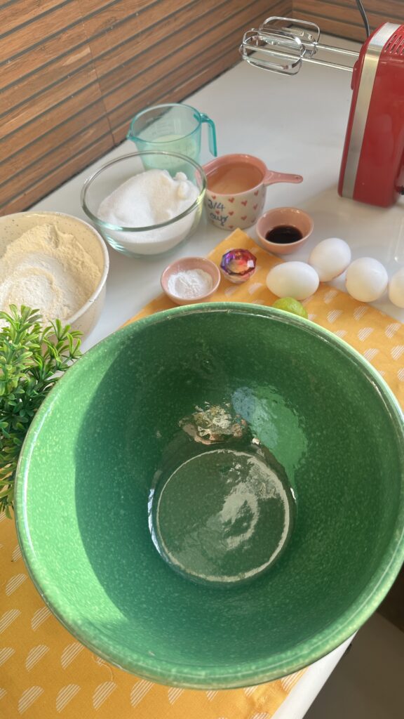 Ingredients for a vanilla bundt cake laid out on a counter