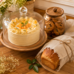Frosted cake under a glass cake dome, jar of homemade cookies, and a loaf of bread wrapped in linen on a wooden countertop in a cozy home bakery kitchen.