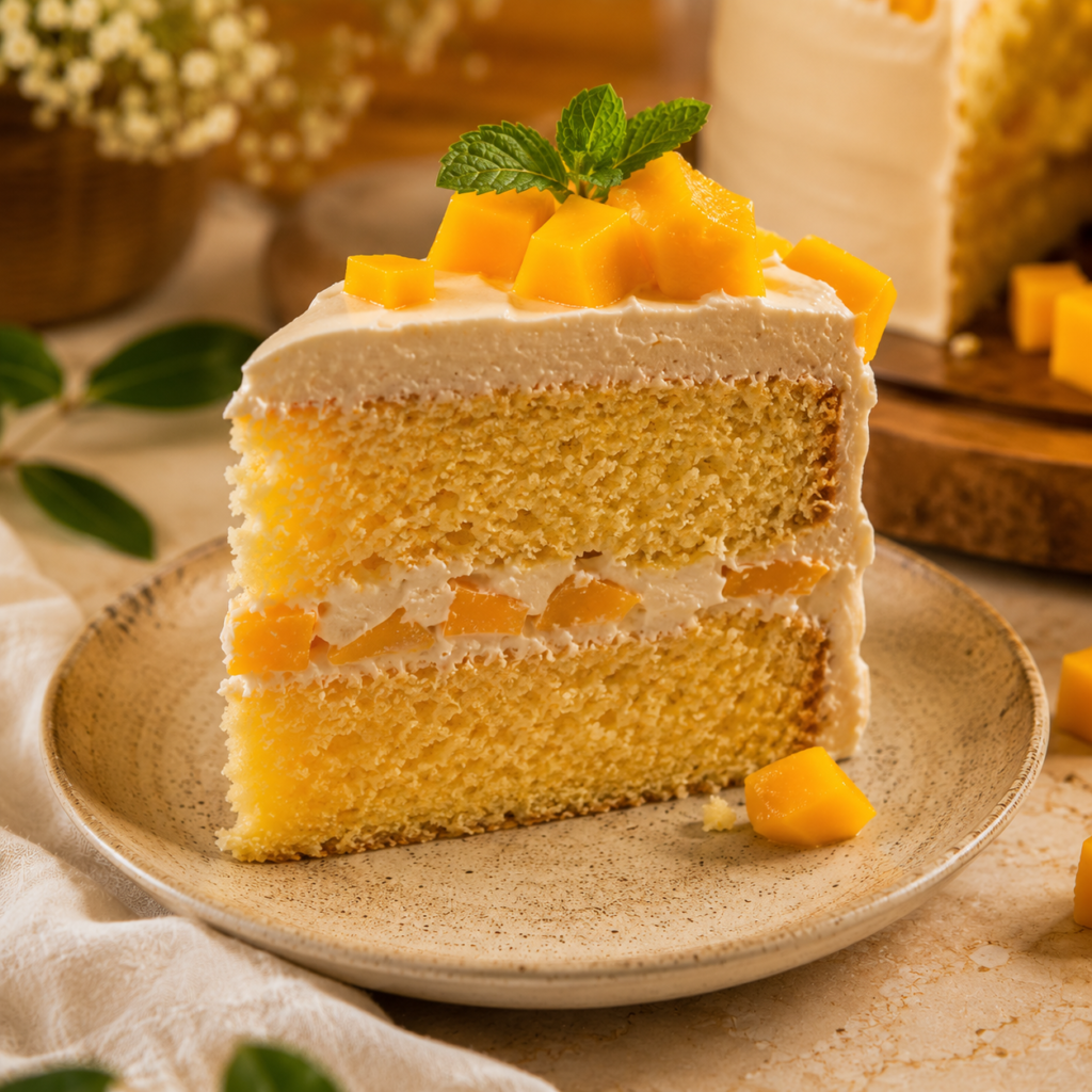 Close-up of a moist slice of homemade mango cake showing a soft crumb, creamy frosting, and fresh mango pieces on top, demonstrating cake freshness.