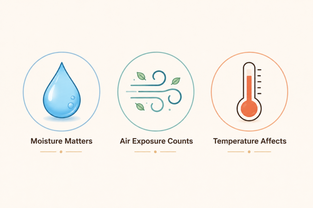 Infographic showing the three key factors that affect the freshness of baked goods: moisture, air exposure, and temperature.