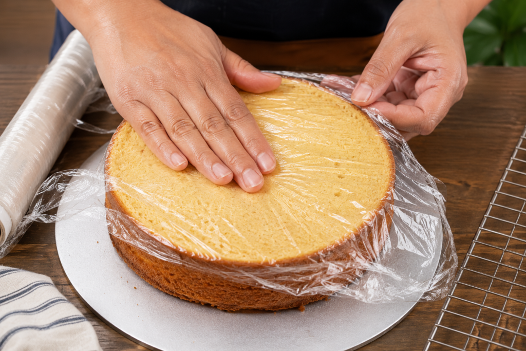 Hands pressing cling film directly onto the cut surface of a homemade cake layer to keep it moist before storing or freezing.