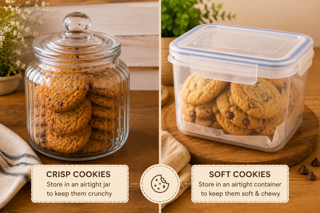 Side-by-side comparison of crisp cookies stored in a glass airtight jar and soft cookies stored in an airtight plastic container to maintain their ideal texture.