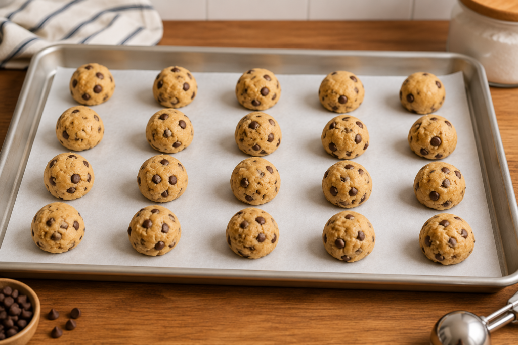 Chocolate chip cookie dough balls arranged on a parchment-lined baking tray, ready for flash freezing before long-term freezer storage.
