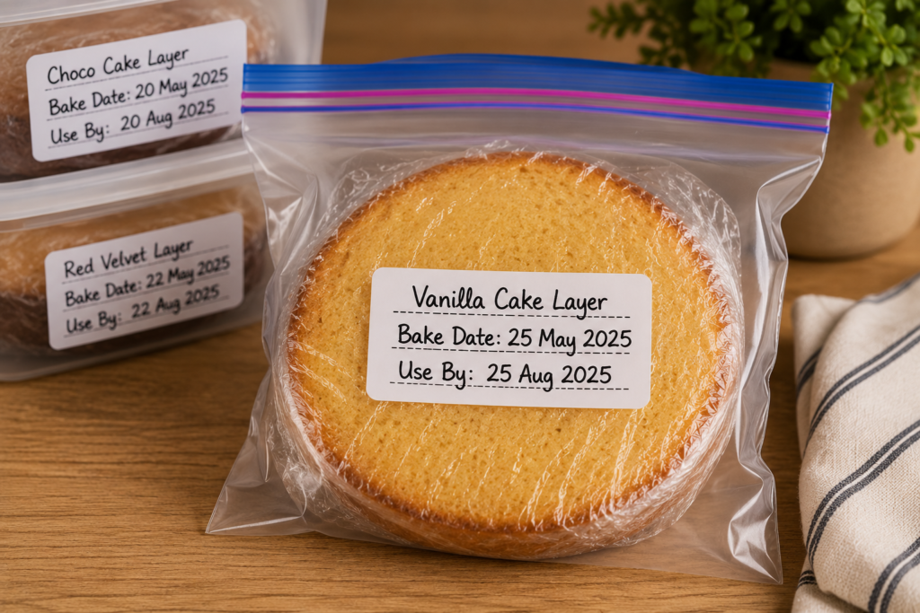Wrapped cake layer stored in a labelled freezer bag showing the bake date for easy freezer organization and long-term cake storage.