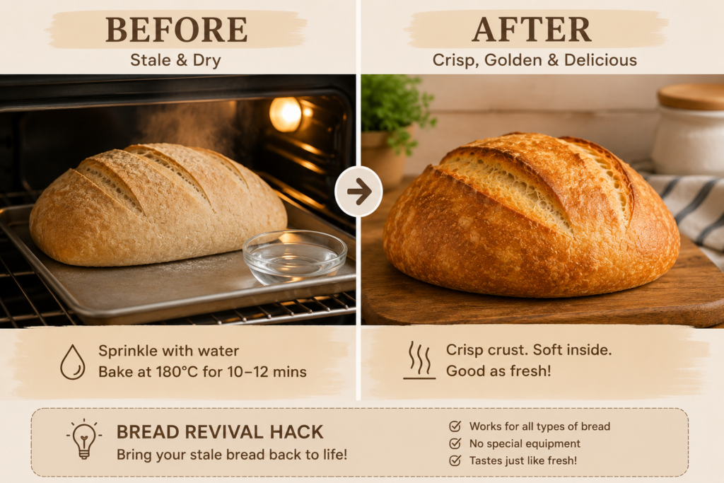 Before-and-after comparison showing how to revive stale homemade bread by baking it briefly to restore a crisp crust and soft interior.