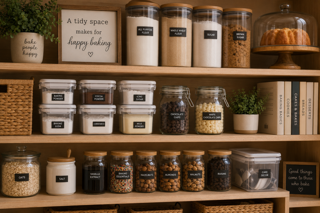 Well-organized baking pantry with airtight containers, labelled jars, a cake dome, and baking essentials arranged neatly on wooden shelves.