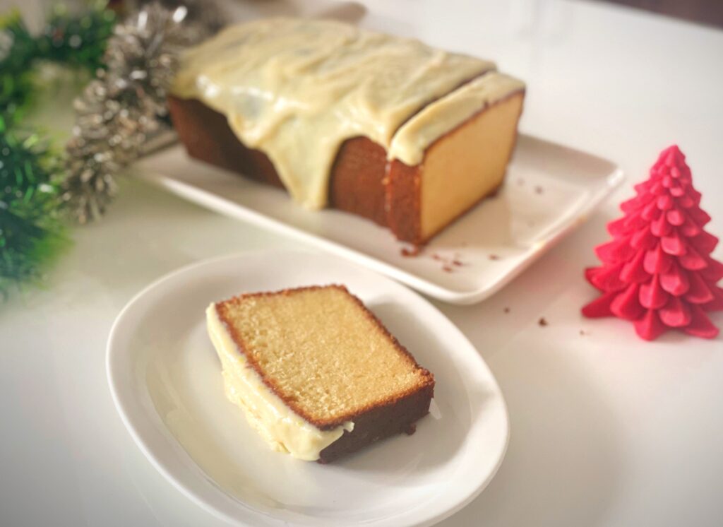 Sliced condensed milk pound cake showing the moist crumb