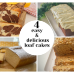 Collage of four easy loaf cakes — orange chocolate marble, condensed milk pound cake with lime glaze, powdered-sugar condensed milk cake, and oat-walnut applesauce bread.