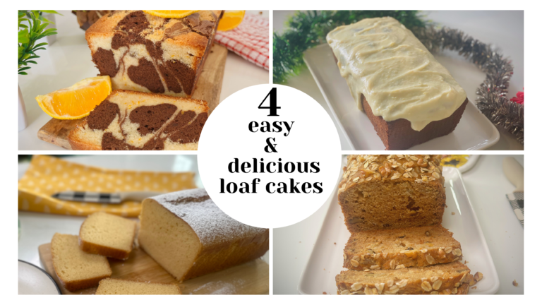 Collage of four easy loaf cakes — orange chocolate marble, condensed milk pound cake with lime glaze, powdered-sugar condensed milk cake, and oat-walnut applesauce bread.