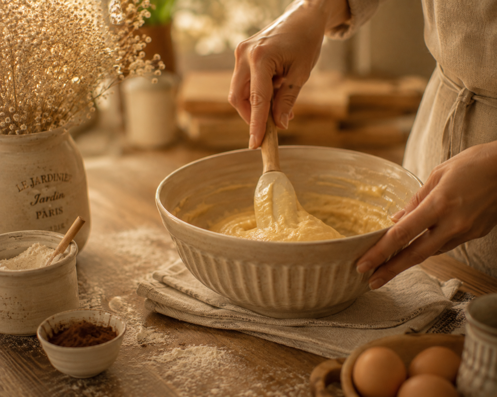 xHands gently folding cake batter in a bowl on a floured wooden counter