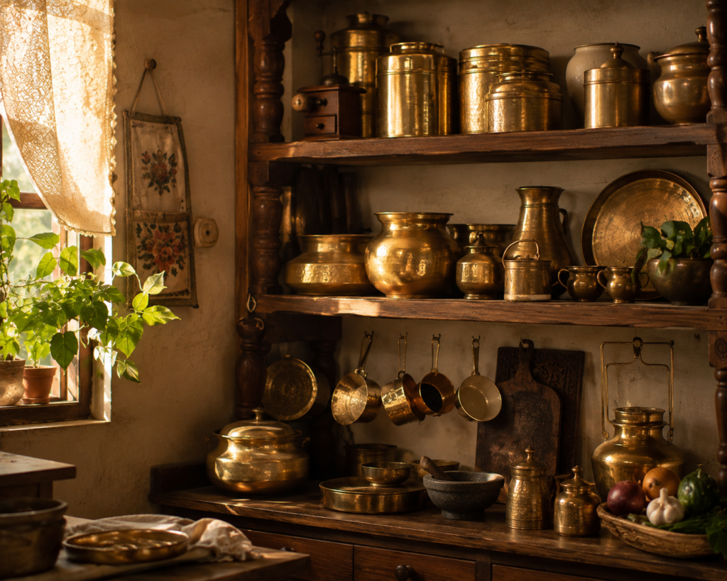 Traditional brass utensils in a warm, old-style Indian kitchen