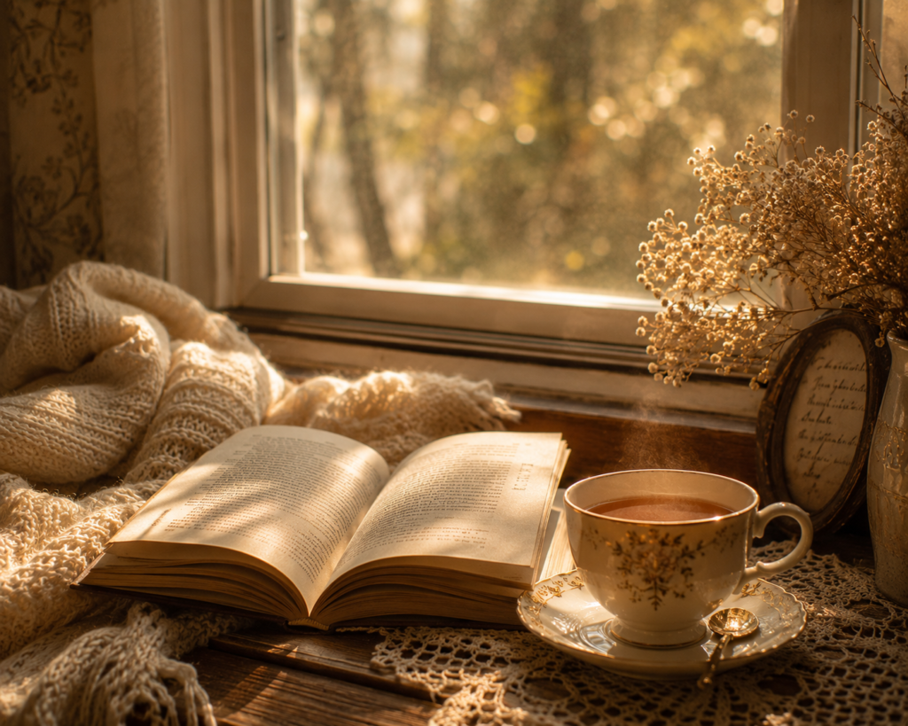 An open book beside a cup of tea by a sunlit window with a cozy throw