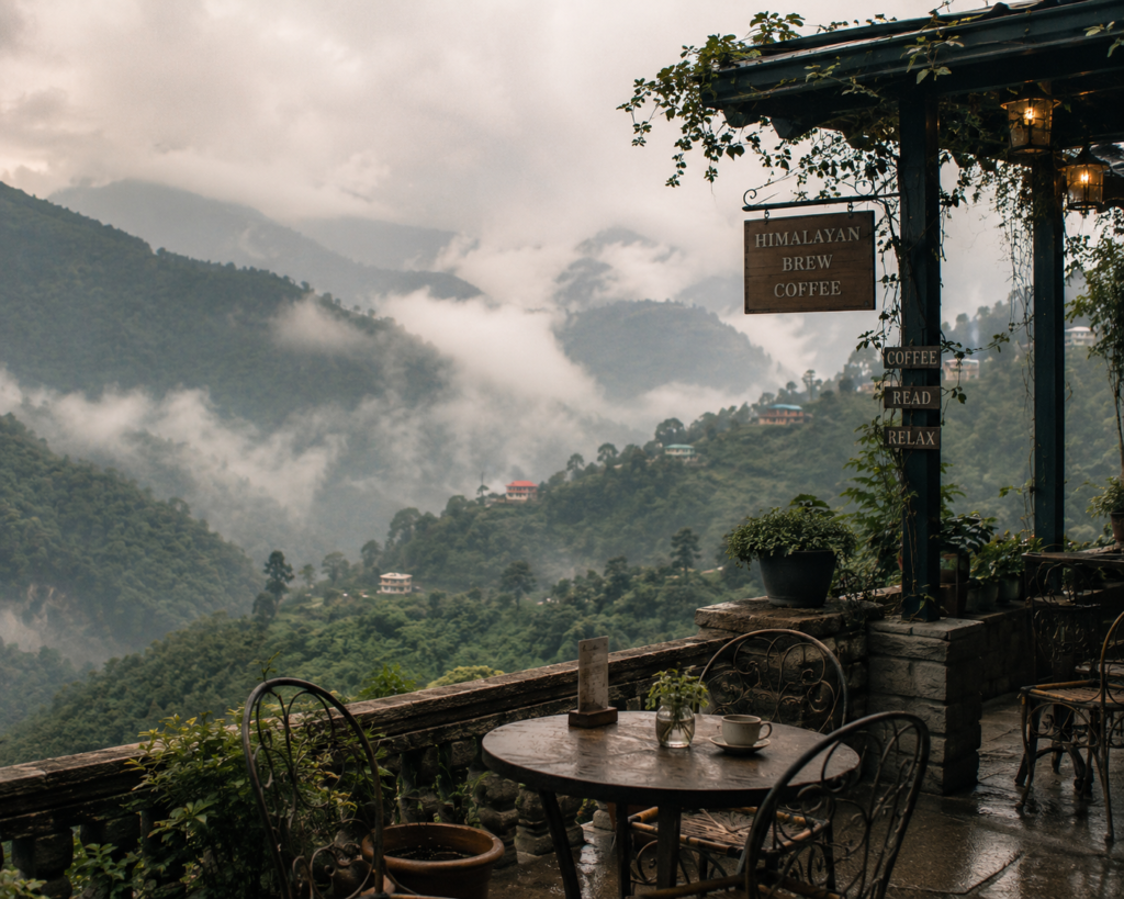 Misty Himalayan hills seen from a quiet mountain café terrace