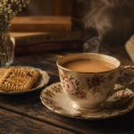A steaming cup of chai in a vintage floral cup with biscuits on a dark wooden table