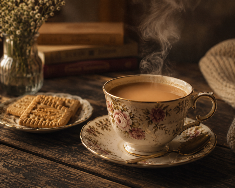 A steaming cup of chai in a vintage floral cup with biscuits on a dark wooden table