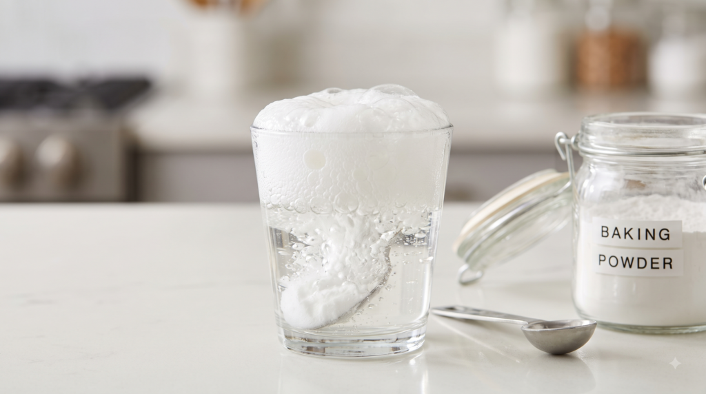 Baking soda fizzing in vinegar to test freshness before baking in humid weather